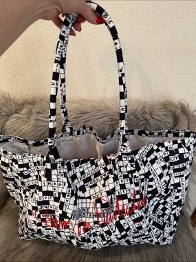 Diane Von Furstenberg Black & White Crossword Print Tote with Red Script